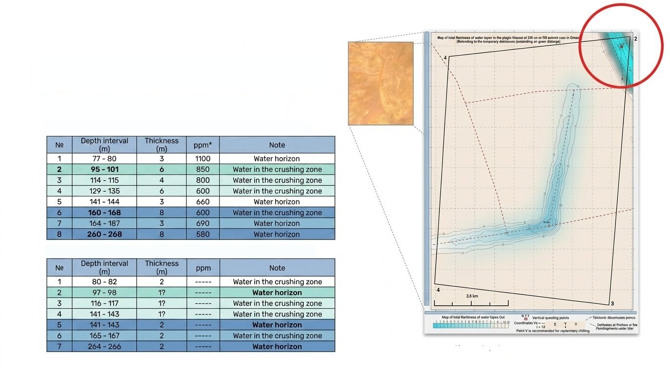Estudio en el desierto de Omán — tablas de exploración vertical V1/V2 y mapa del área de estudio