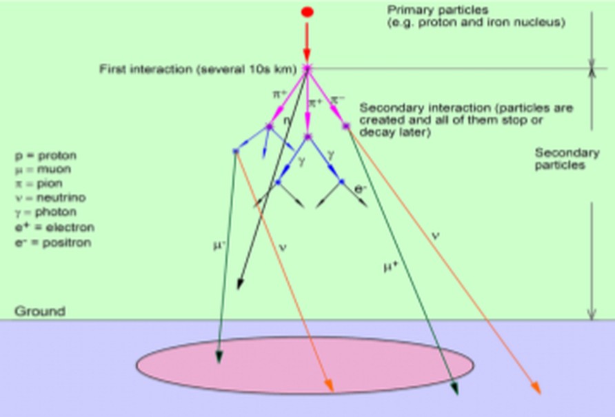 Diagram of a cosmic-ray cascade producing muons.