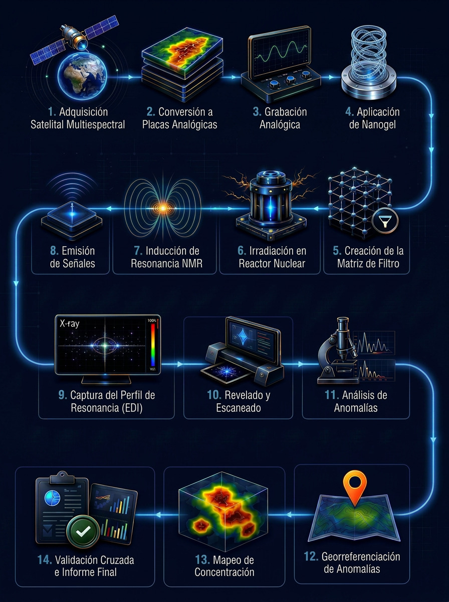 Diagrama del proceso de catorce pasos, de la captura satelital al informe final.